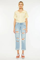 Stylish Light Blue Mid Rise Distressed Boyfriend Jeans, Jeans, $ 65.00, A Moment Of Now™